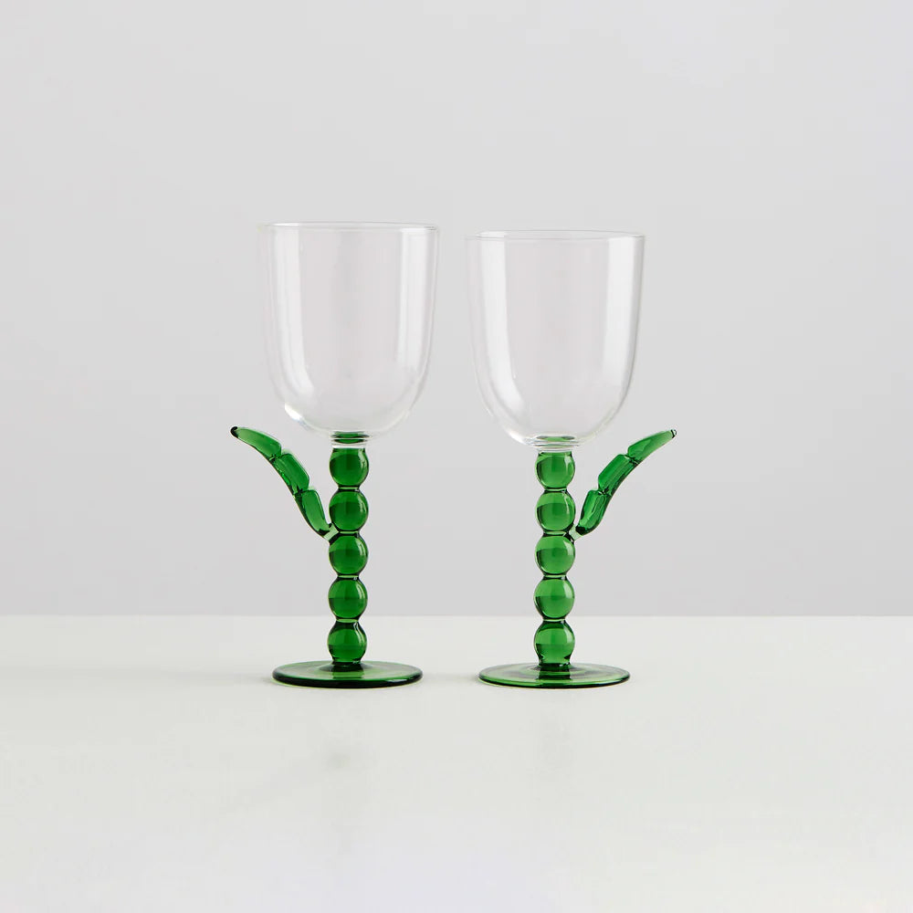 Maison Balzac Set of Two Palmier Wine Glasses - Green/Clear | Prelude & Dawn | Los Angeles