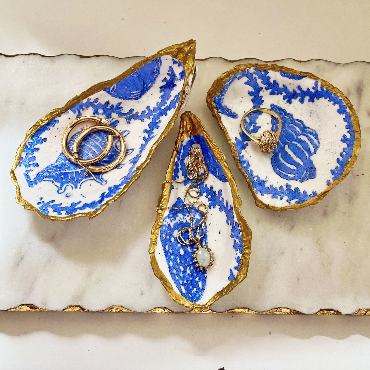 Del Mar Designs DC | Blue Seashell Print  Recycled Oyster Shell Jewelry Dish | Prelude & Dawn Los Angeles