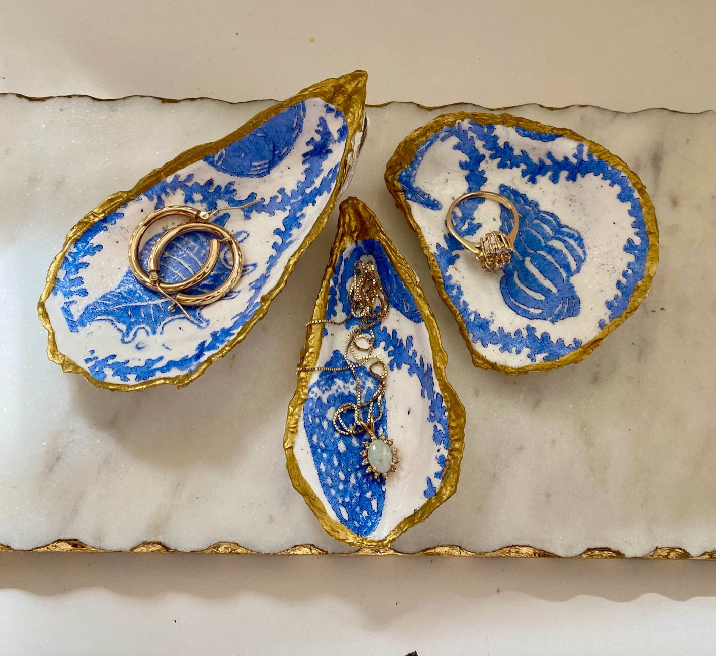 Del Mar Designs DC | Blue Seashell Print  Recycled Oyster Shell Jewelry Dish | Prelude & Dawn Los Angeles