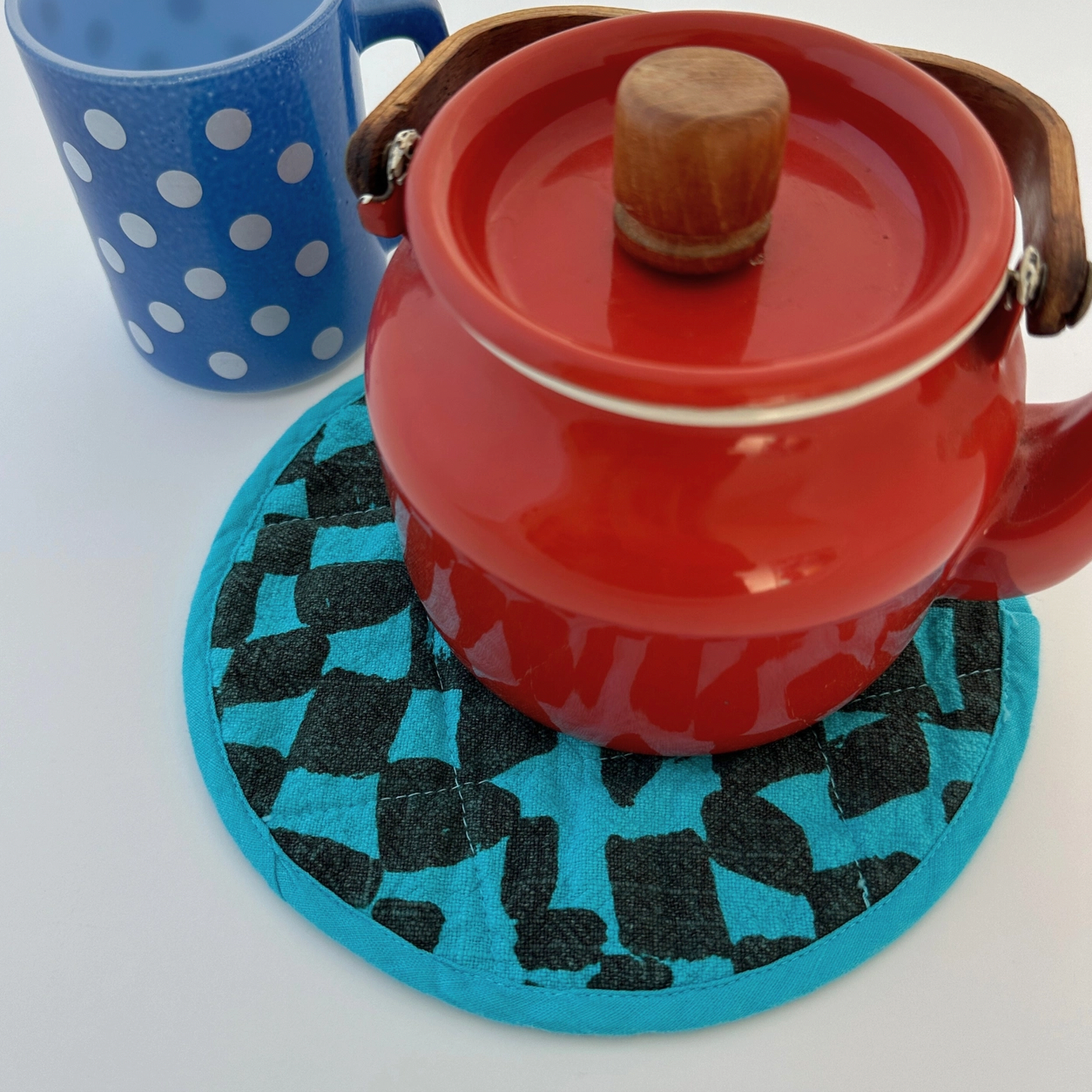 Round Potholder - Checks - Lentil - Turquoise