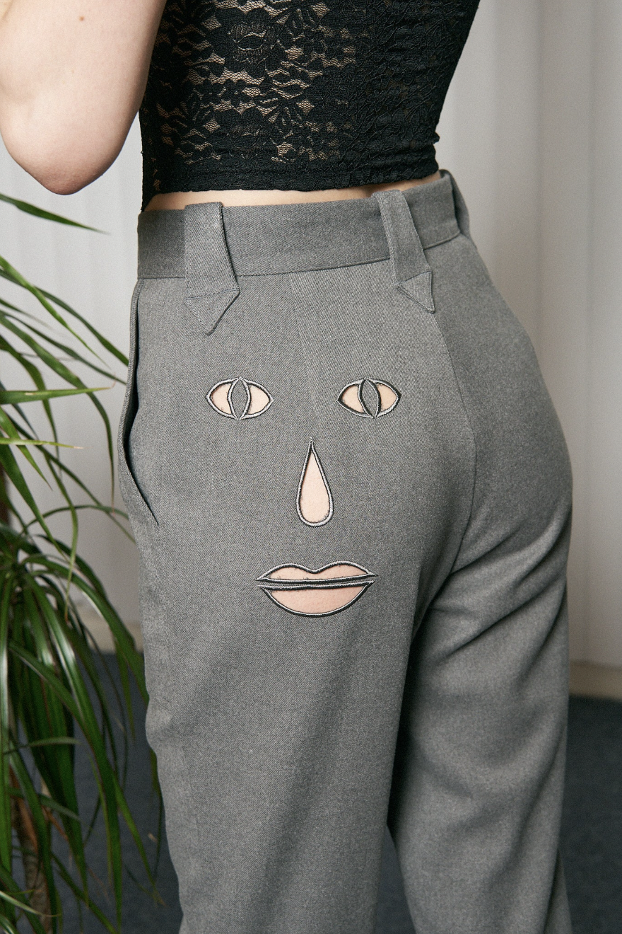 Face Cut Out Trousers in Gray