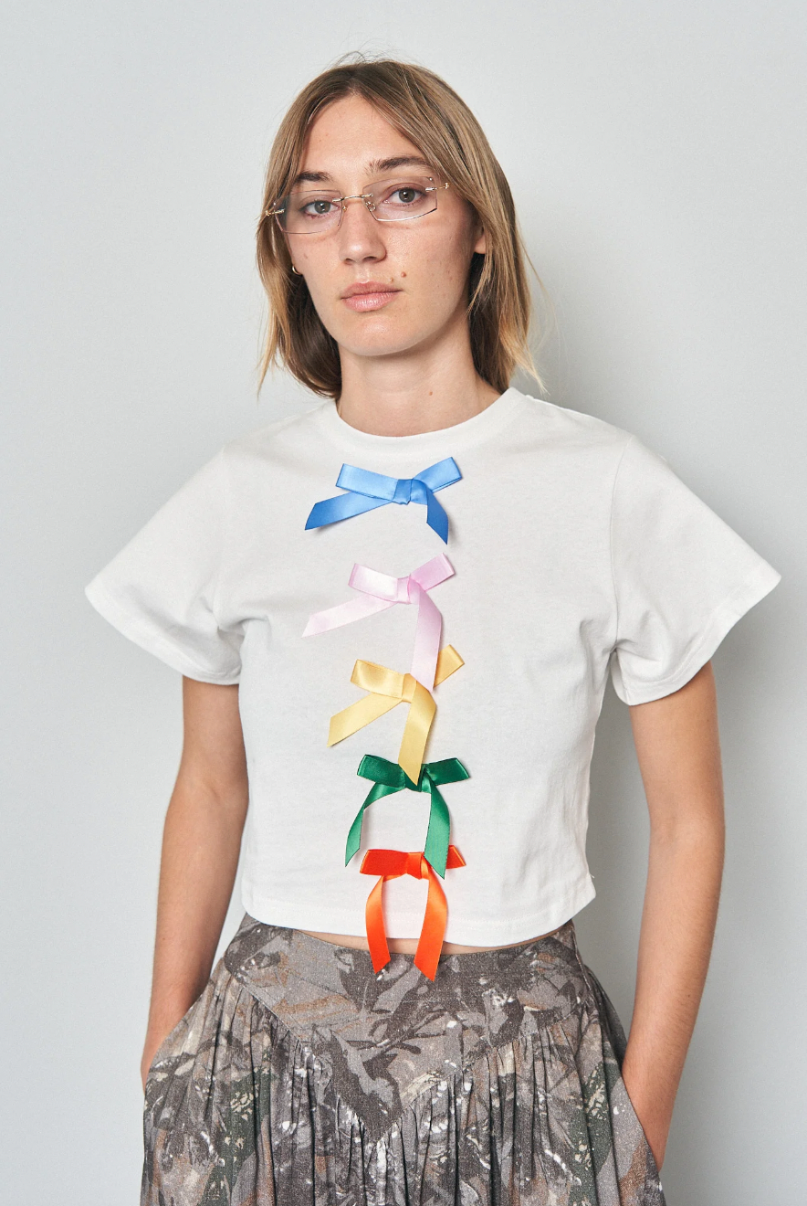 Satin 5 Bow Crop Tommy Tee in White