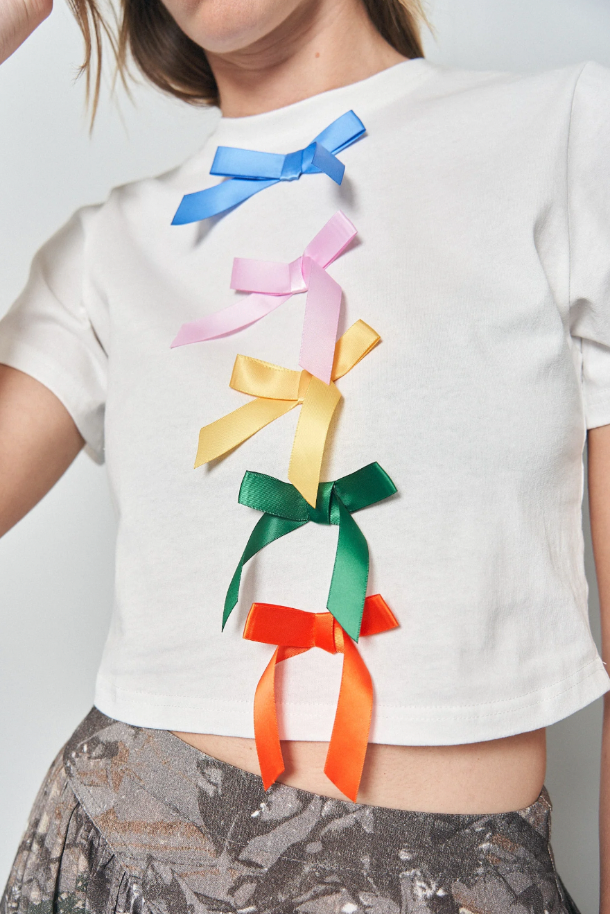 Satin 5 Bow Crop Tommy Tee in White