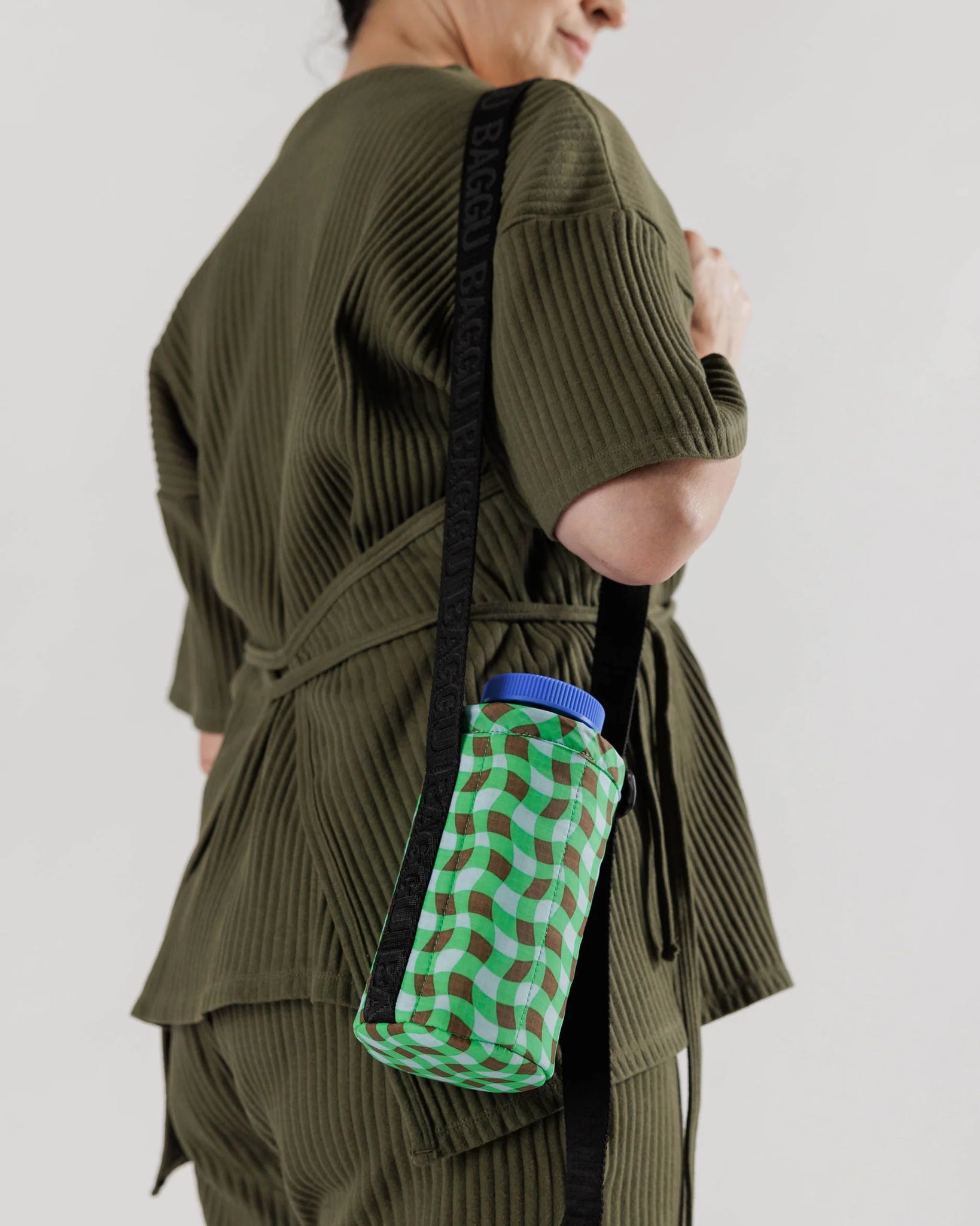Puffy Water Bottle Sling - Wavy Gingham Green | Prelude and Dawn | Los Angeles, CA