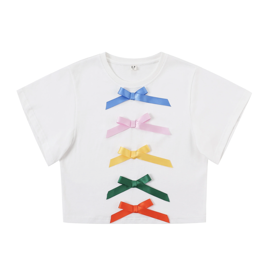 Satin 5 Bow Crop Tommy Tee in White