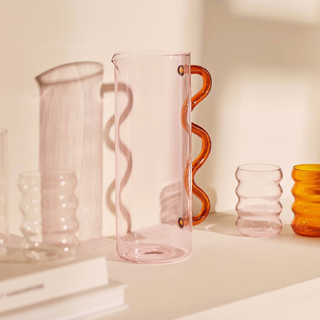 Wave Pitcher - Pink with Amber